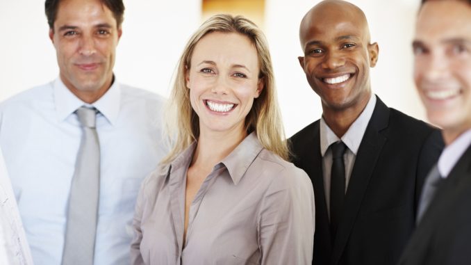 Business group success, optimism, realism, realistic optimist